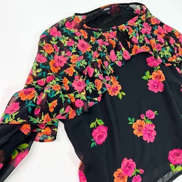 Express Long Sleeve Blouse Womens Large Black Floral Ruffle Sleeve Keyhole Front - Picture 3 of 10